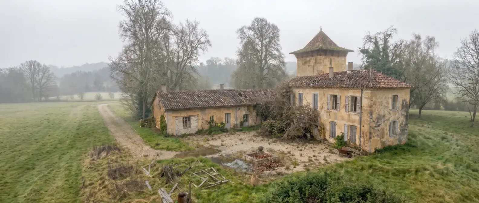 Propriété en pierre avec tour, dans son état d'origine